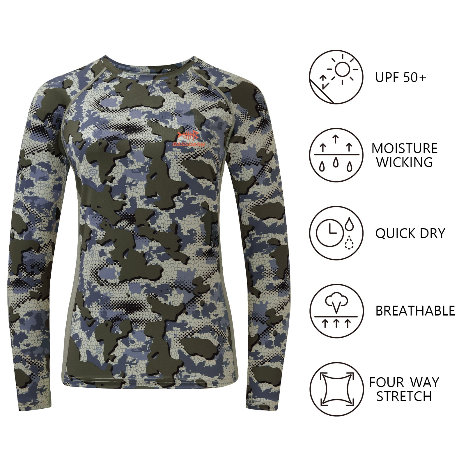 BASSDASH Women’s Camo Hunting Shirt Long Sleeve UPF 50+ Sun Protection Performance Tee fishing Hiking