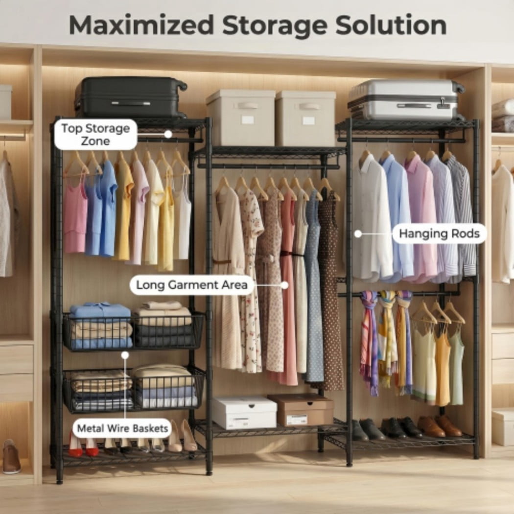 Heavy Duty Clothes Rack, Freestanding Garment Rack with 4 Hanging Rods, 6 Adjustable Wire Shelves & 2 Storage Baskets, Large Clothing Organizer, 68.5" W, Black