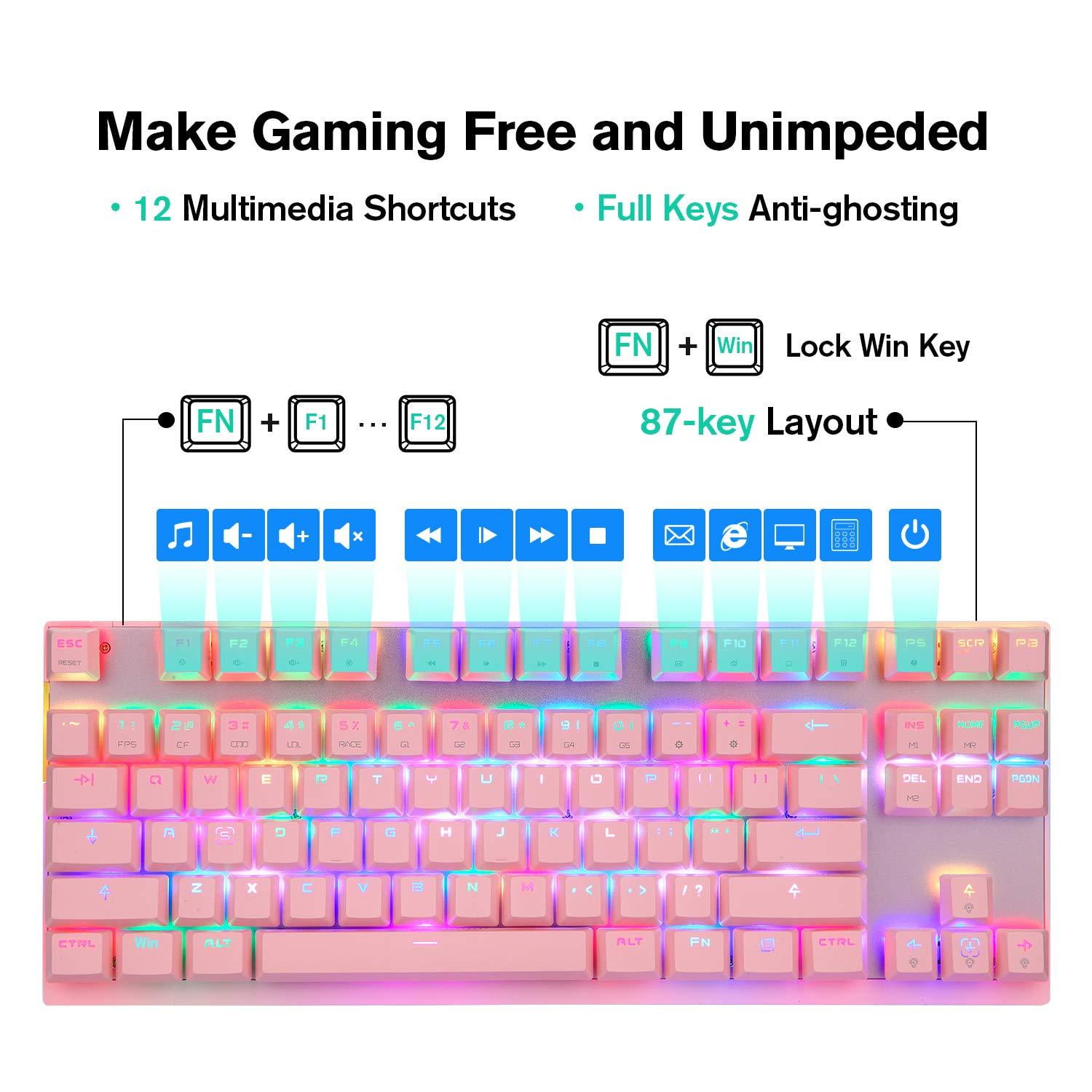 MOTOSPEED Gaming Mechanical Keyboard RGB Backlit Transparent Bottom  Anti-ghosting 87 Keys,Illuminated USB Gaming Keyboard for Mac/PC/Laptop  White