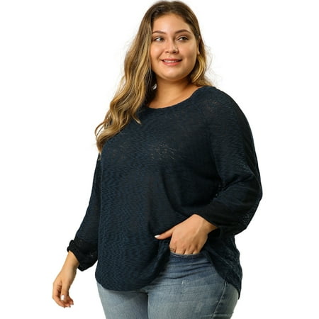 Women's Plus Size V Neck Long Sleeve Loose Color Block Knit Top 4X Navy Blue