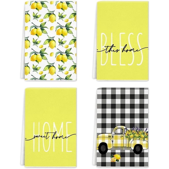 Spring Summer Lemon Kitchen Towels Dish Towels, Bless Home Lemons Truck Hand Towels 18x26 Inch Seasonal Lemon Decoration Towels Set of 4