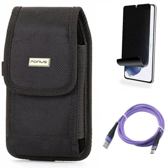 For Samsung Galaxy S21 (6.2") - Holster Swivel Case Belt Clip   Type-C Purple 6ft USB Cable   [Fingerprint Works] TPU Film Privacy Screen Protector