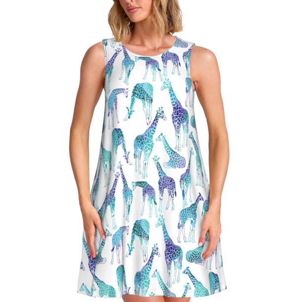 Fotbe Cool Giraffe Vestido de Verano sin Mangas para Mujer – Vestido Midi Línea A, Estilo Camiseta Floral, Vestido Playero Casual y Fluido