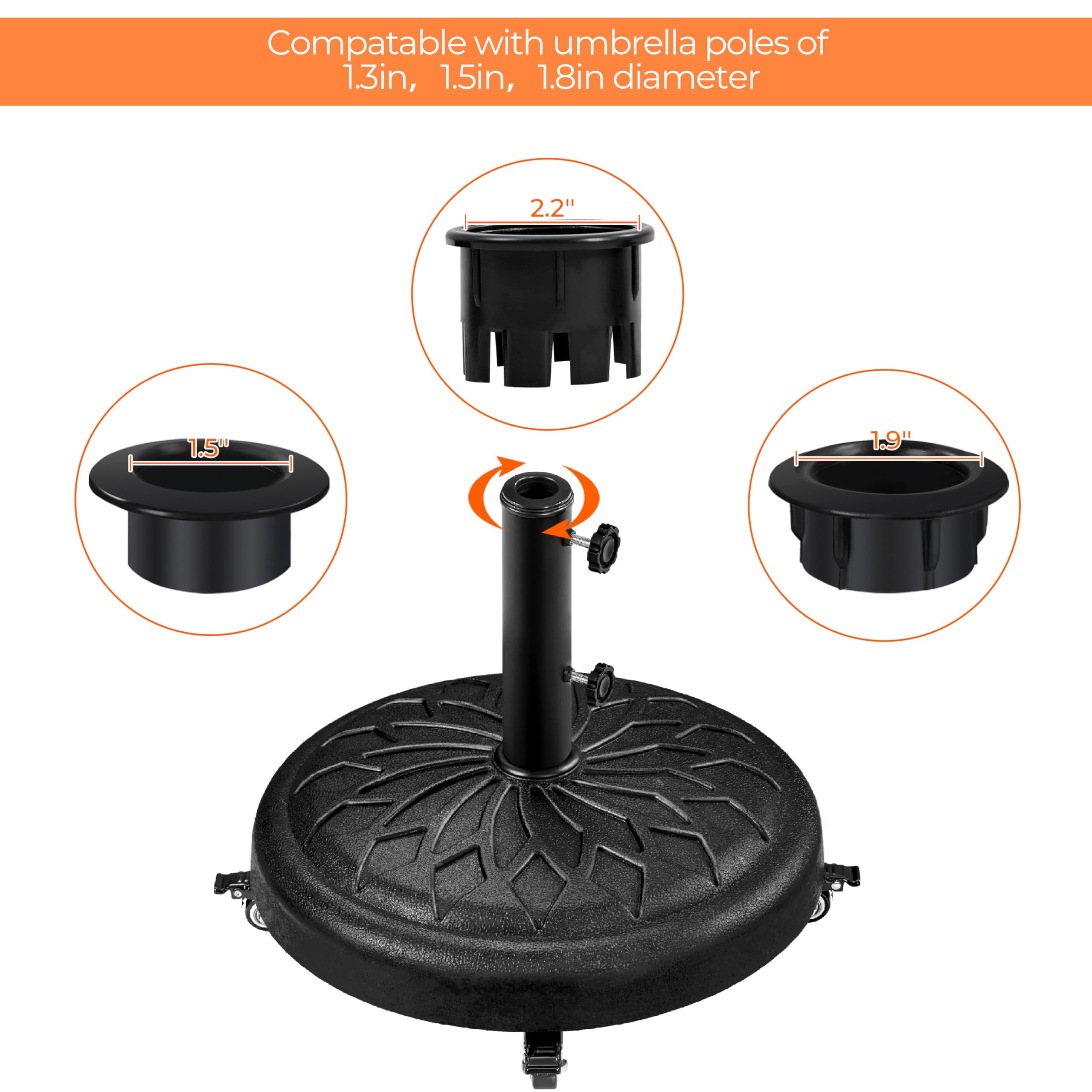 Heavy Duty 45lb Round Umbrella Base with Lockable Wheels, 20 Inch Market Patio Umbrella Stand for Garden, Yard, Outdoor Use, Fits Standard Umbrella Poles, Black