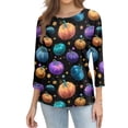 thumbnail image 4 of Women's Halloween Pumpkin Tops 3/4 Sleeve Tops Funny Graphic Tees Fall Crew Neck Loose Fit Vintage Halloween T-Shirts, 4 of 7