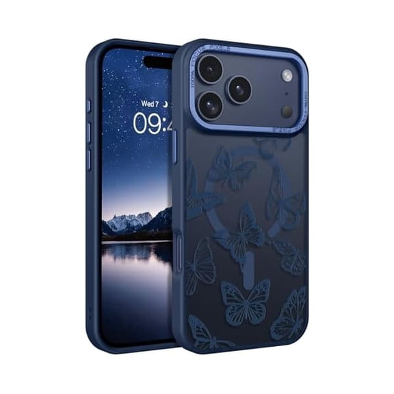 for iPhone 17 Pro Max Case,Cute Butterfly Pattern 17ProMax Magnetic Case [Compatible with MagSafe] Translucent Matte Slim Shockproof Protective Cover for iPhone 17 Pro Max 6.9",Deep Blue