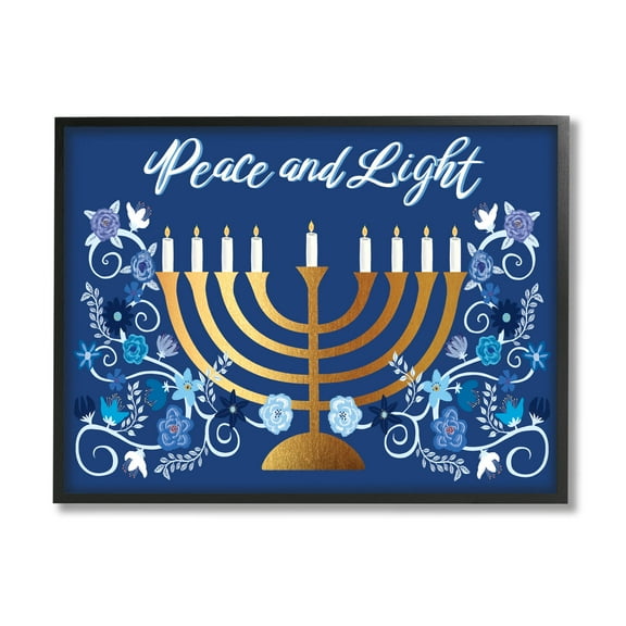 Peace & Light Floral Hanukkah Menorah Holiday Graphic Art Black Framed Art Print Wall Art