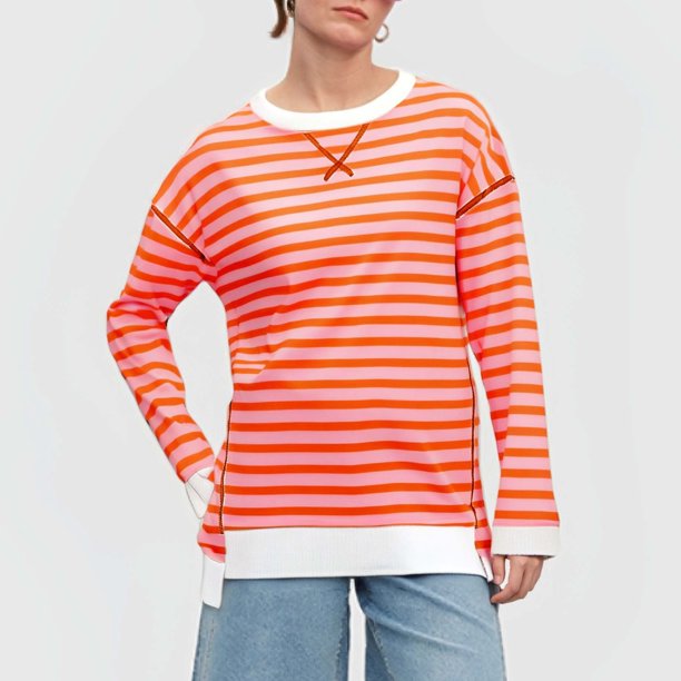 MHFRRA Camiseta Informal de Otoño/Invierno con Estampado de Rayas, Cuello Redondo, Manga Larga, Bloque de Color Rojo
