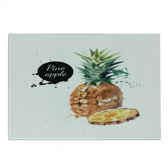 Fruit Cutting Board, Pineapple Design Tropical Aquerelle Hawaii Foliage with Color Splashes, Decorative Tempered Glass Cutting and Serving Board, Small Size, Brown Reseda Green Black, by Ambesonne