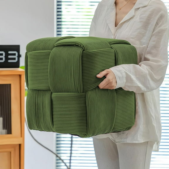 Plush Corduroy Ottoman, Square Foot Rest Stool with Woven Design, Comfortable Green Accent Piece for Living Room, Bedroom & Dorm