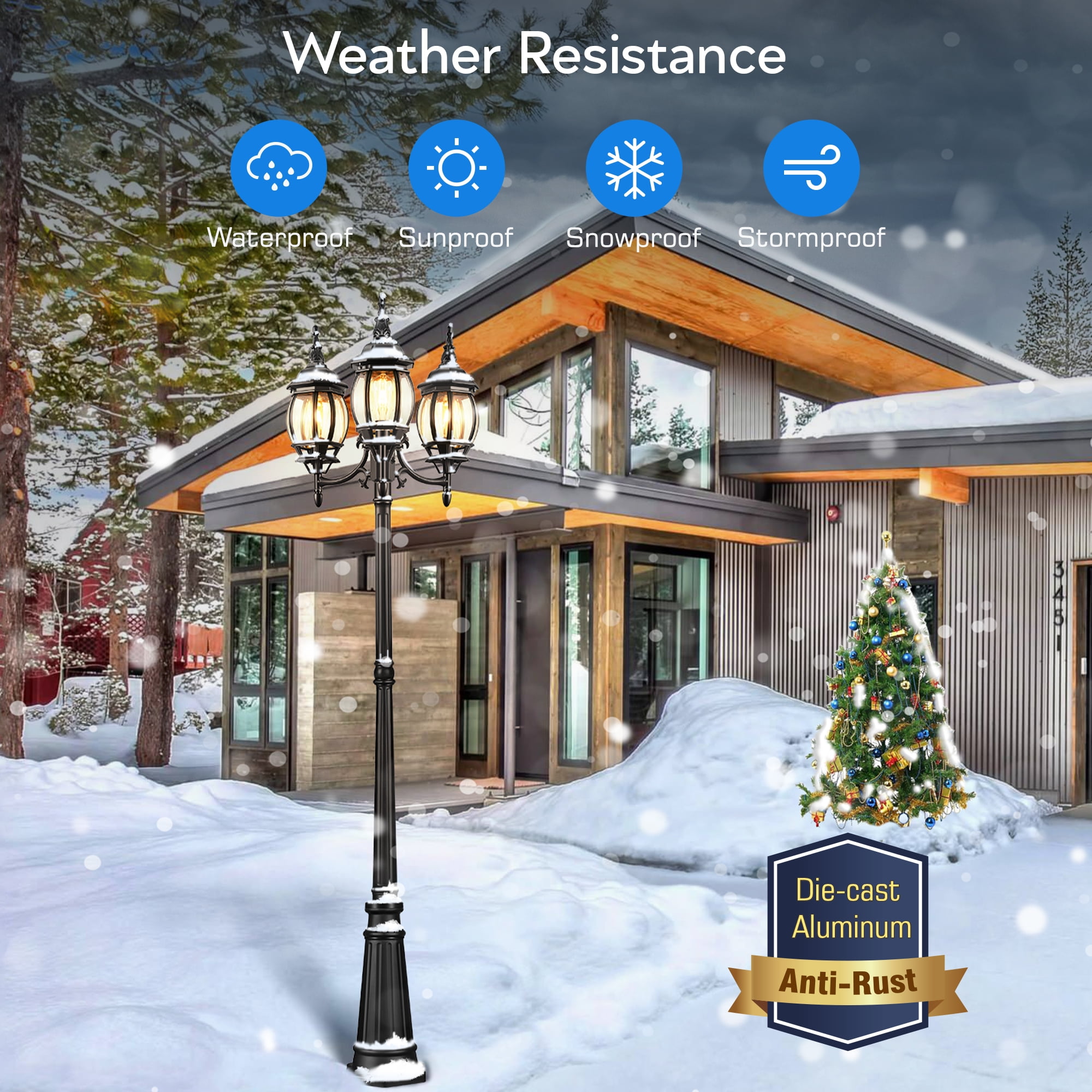 VIANIS Lamp Posts Outdoor Lighting, 3-Head Lights for Outside with E26 Socket, Dusk To Dawn Sensor Street Light With Tempered Glass Panels For Backyard, Garden, Christmas Lights