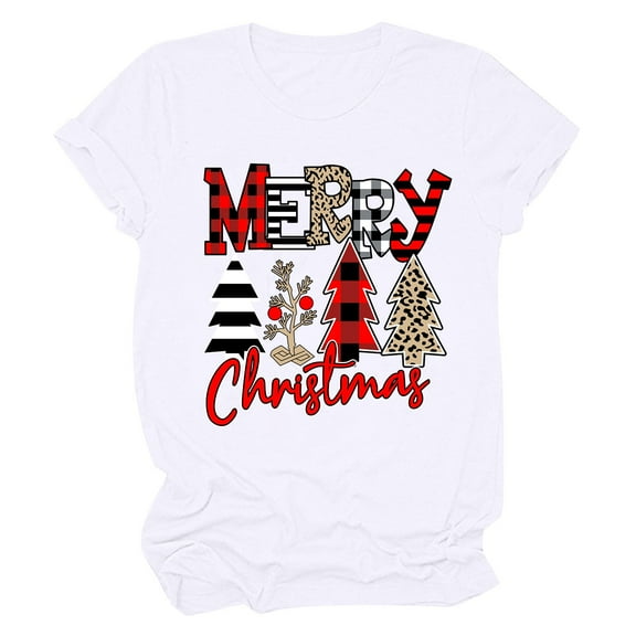 Odeerbi Christmas Shirts for Women 2025 Casual Round Neck Short-sleeved Christmas Tree Printed Top White