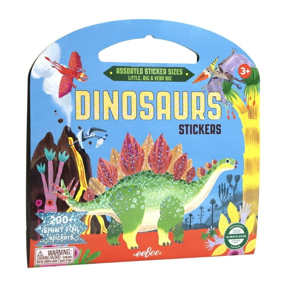 eeBoo: Dinosaur Shiny Sticker Book - 200  Sparkling Stickers in 3 Sizes, Little-Big-Very Big, Carry Handle, Rainbow Foil, Kids Ages 3 