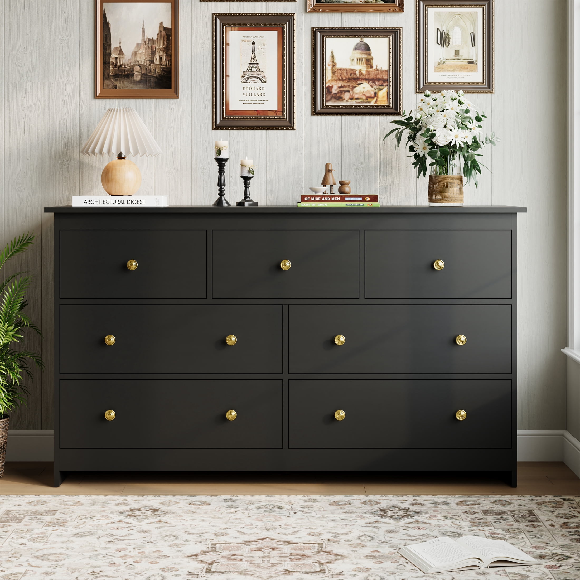 YouTrend 7 Drawer Dresser, Modern Black Chests of Drawers Wood Adult Storage Cabinet for Bedroom Living Room Hallway