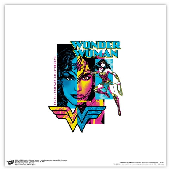 Gallery Pops DC Comics Wonder Woman - Truth Compassion Strength CMYK Graphic Wall Art, Unframed Version, 12" x 12"