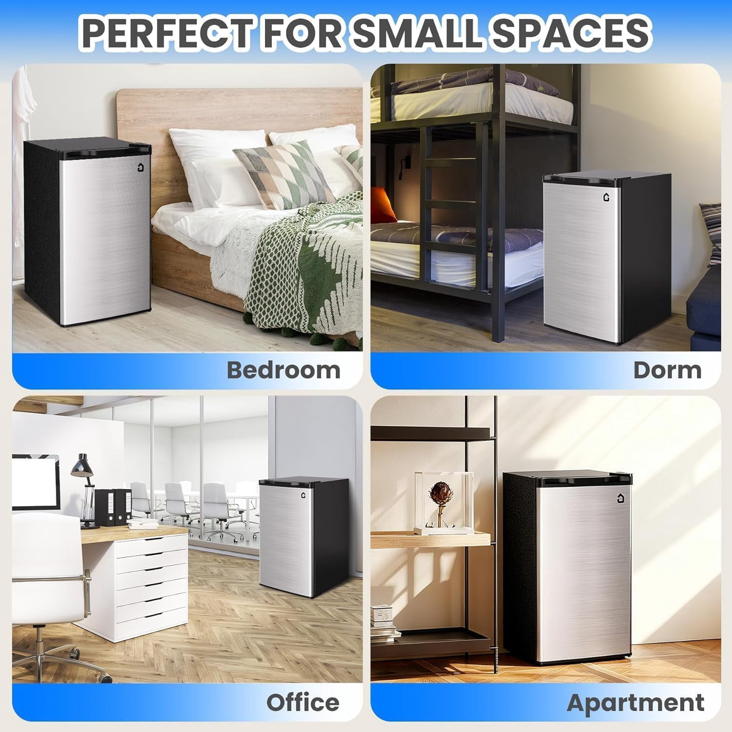 Energy-Saving 3.2 Cu. Ft. Silver Mini Fridge with Freezer – Single Door, Adjustable Thermostat, Reversible Door, Removable Shelf, Ideal for Apartment, Office, Dorm – BC-90 3.2cu.ft Single Door Silver