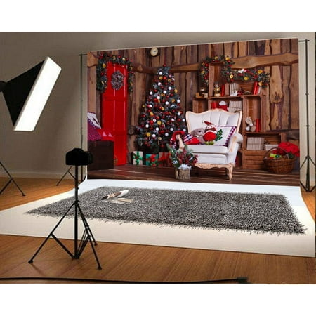 Image of GreenDecor 7x5ft Christmas Photography Backdrop Wooden House Tree Interior Decorations Gift Box Garland Red Door Sofa Bear Dolls Scene Photo Background Children Baby Adults Portraits Backdrop