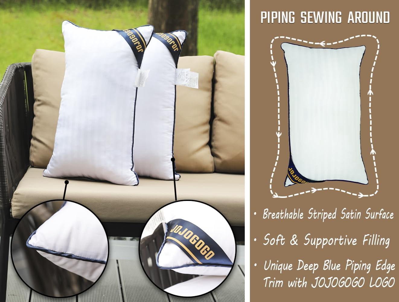 JOJOGOGO 12x20 Outdoor Lumbar Pillow Inserts Waterproof Set of 2, 12 x 20 Outdoor Lumbar Throw Pillows White Rectangle Decorative Pillow for Front Porch and Patio Furniture (with Deep Blue Piping)