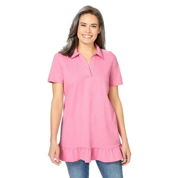 Woman Within Plus Size Short Sleeve Ruffle Hem Polo Tunic