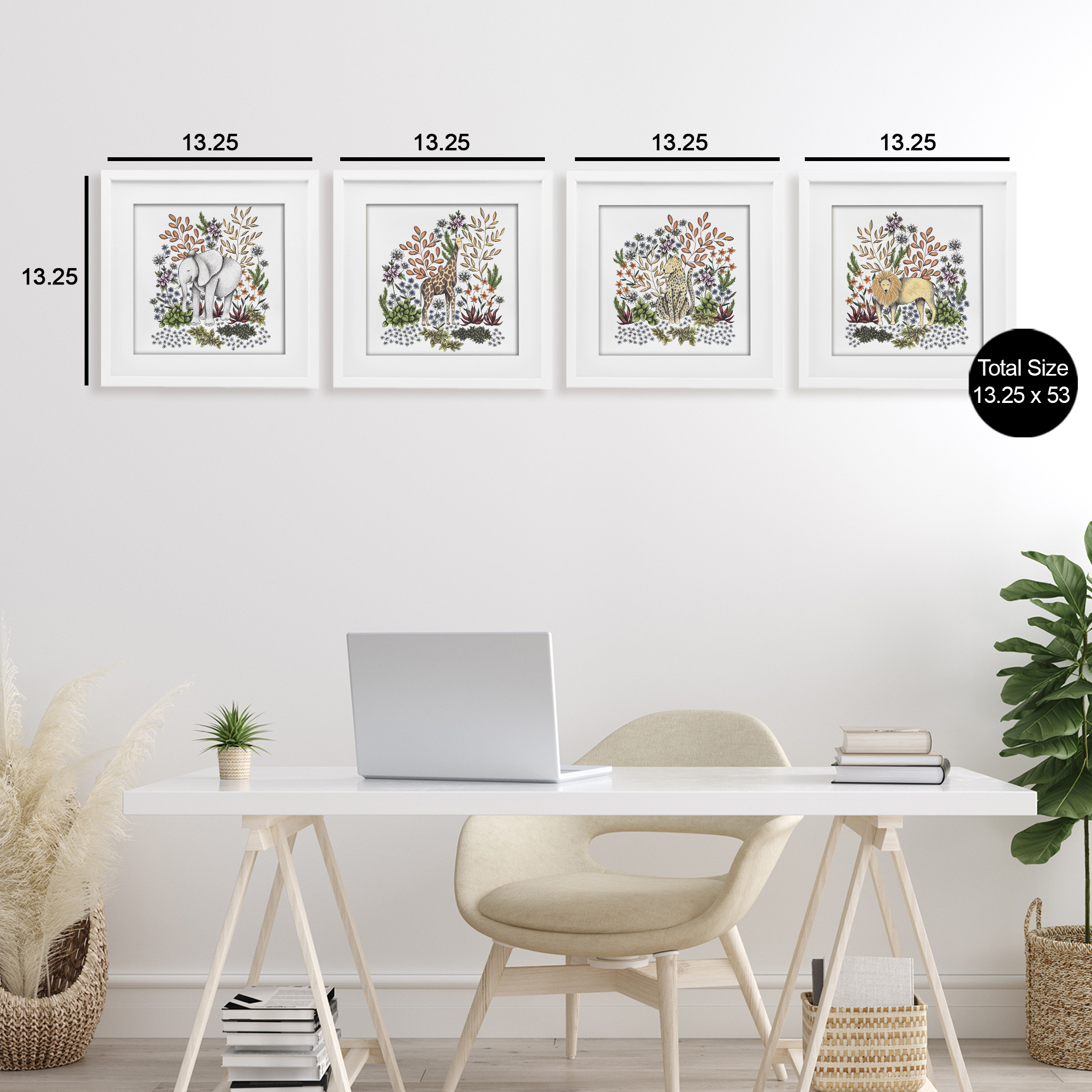 Jungle Wildlife & Botanicals 4 Piece White Framed Print Under Glass Set, design by Cecilia Battaini