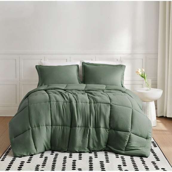 TRULY SOFT Garment Wash Solid Green Full/Queen 3 Piece Comforter Set, Solid Color Themed, Oeko-TEX Certified Confidence