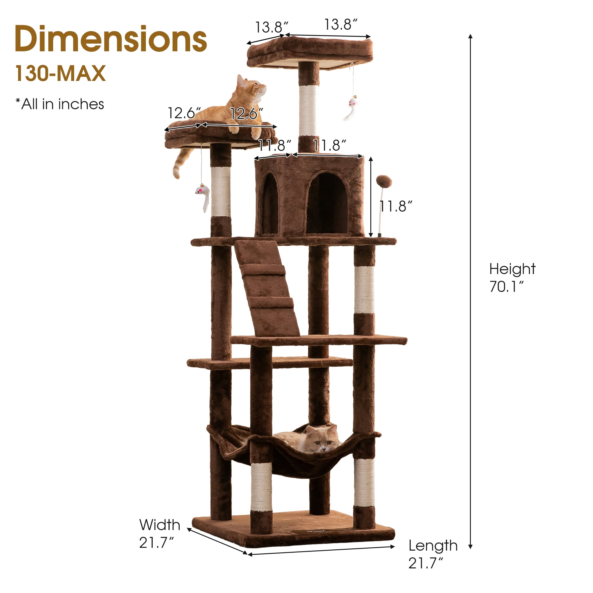 MWPO 70.1-in Multilevel Cat Tree Tower with Condo, Perch and Scratching Post, Brown