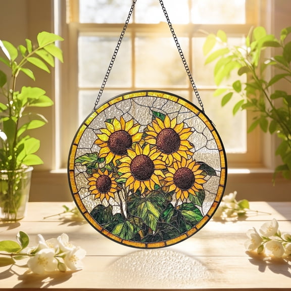 KuphiL10C Sunflowers Suncatchers for Windows, Yellow Floral Stained Glass Window Hanging, Flowers Sun Catchers with Metal Chain and Hook, Wall Art Home Decor, Gifts for Mom Grandma, Valentines Gifts