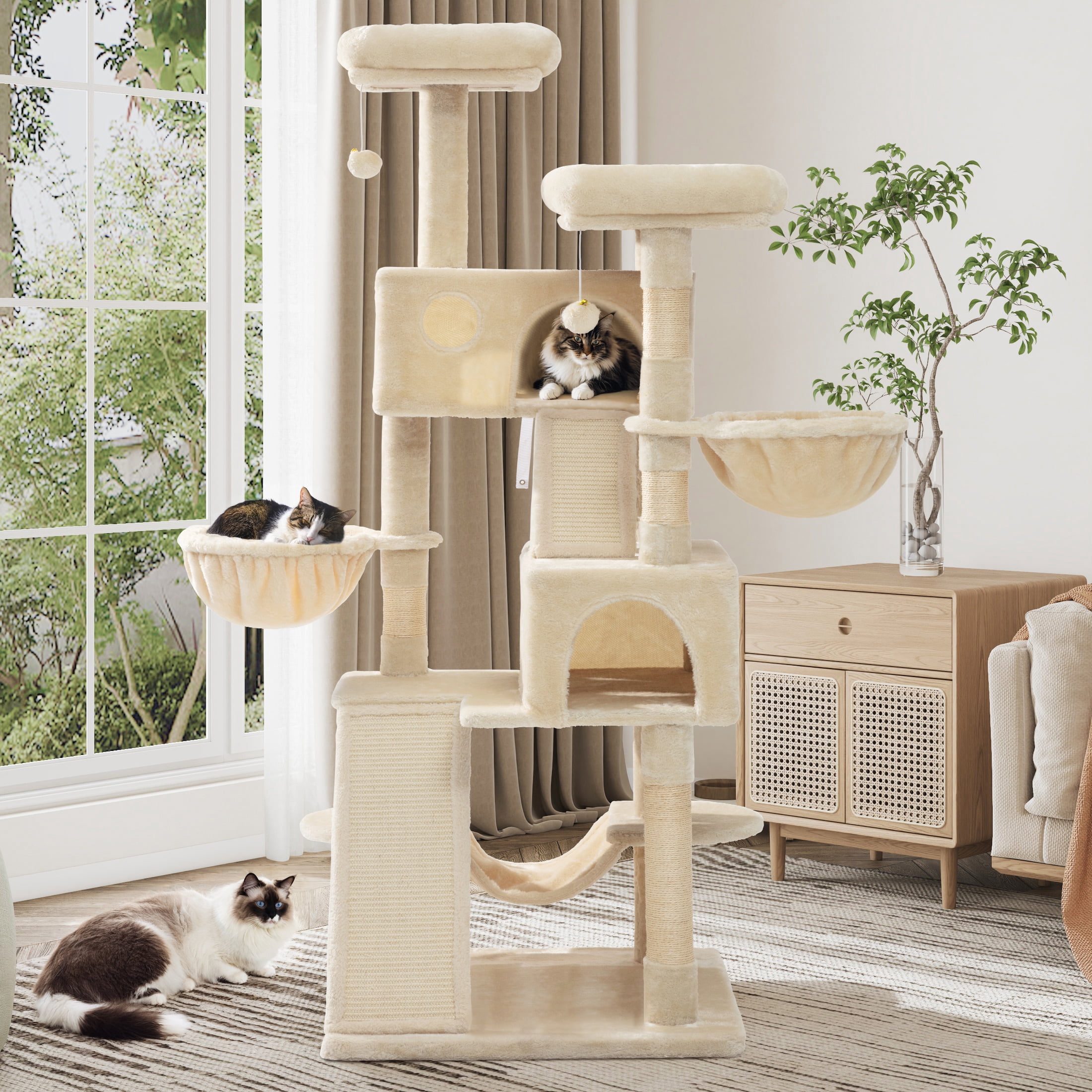 Sifurni 65.7" Large Cat Tree Tower Condo House for Cats with 2 Scratching Ramps, Hammock & Scratching Post, Beige