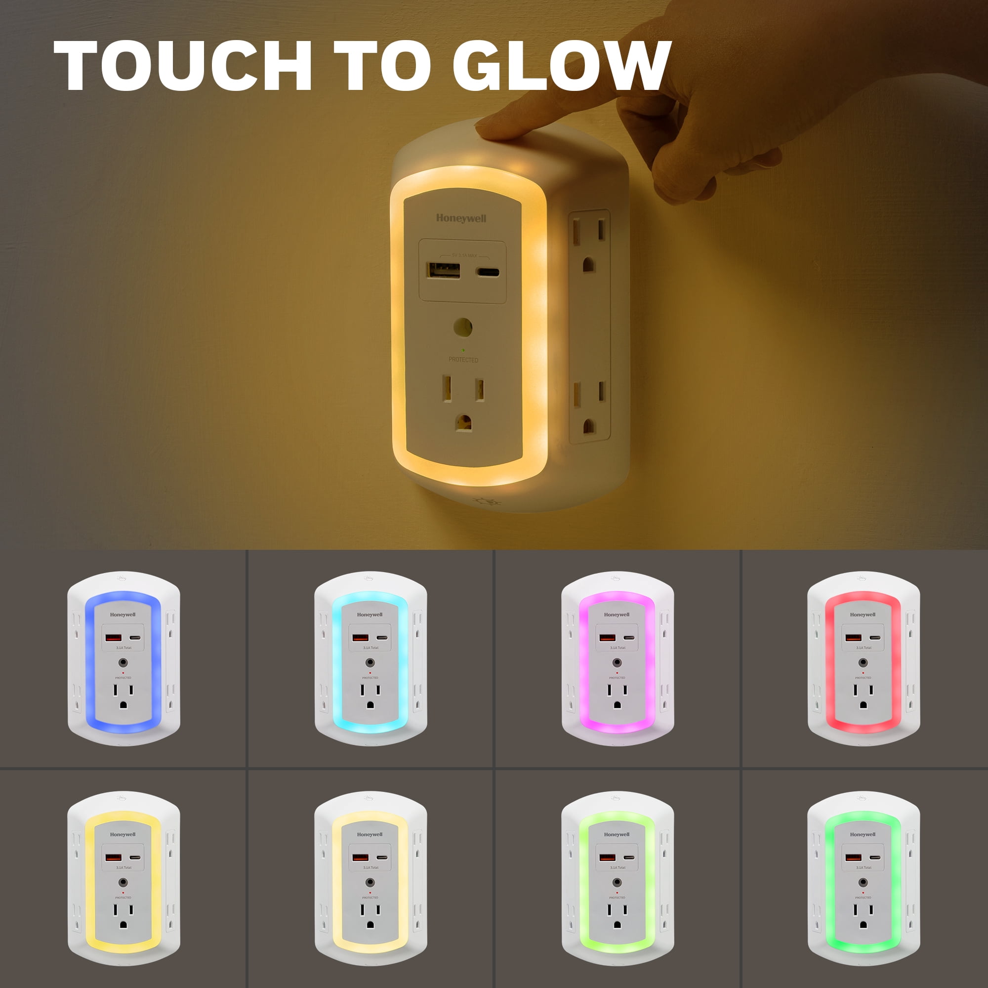 Honeywell 5-Outlet 2-USB LED Night Light Surge Protector Wall Tap, White