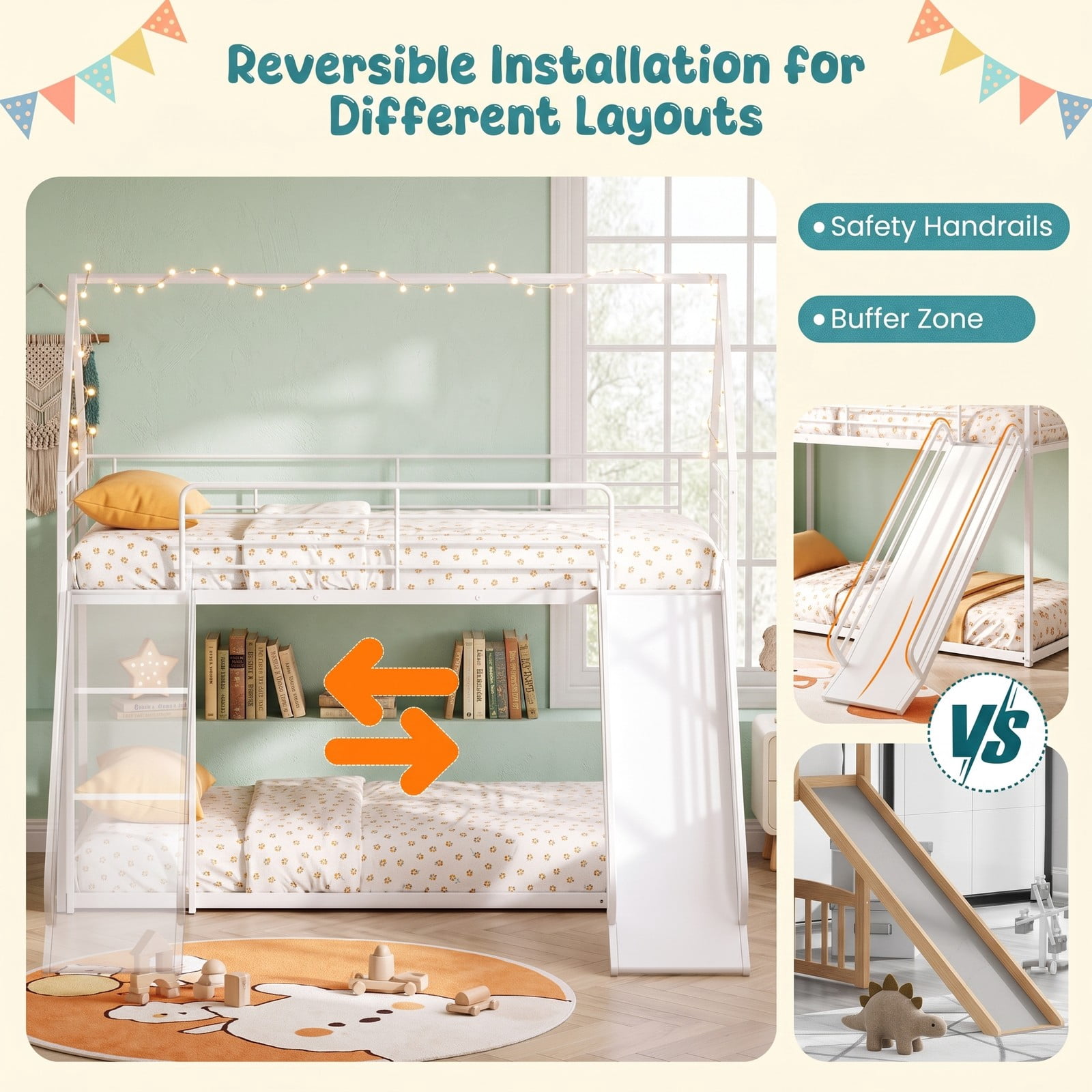 Furnibear House-shaped Twin Over Twin Metal Low Bunk Bed with Slide Ladder and Full-length Guardrails for Kids Rooms, White