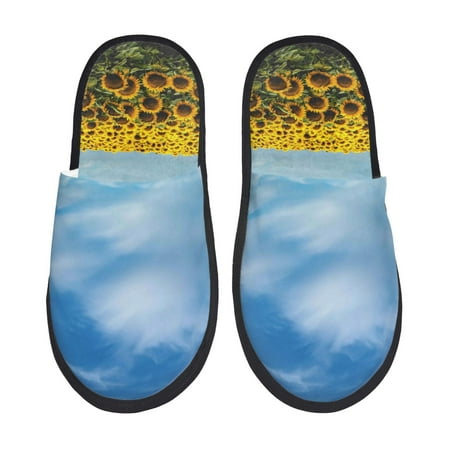 Balery Blooming Sunflower Field Slient Indoor Furry Fleece Comfort House Shoes Soft Non-Slip Home Shoes Cotton slippers House Slippers-- Large