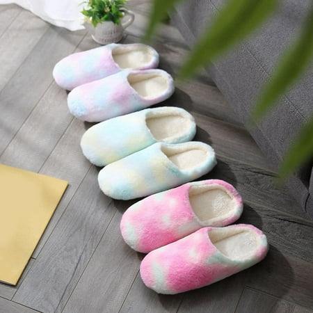 

SALE Winter Women Men Slippers for House Tie Dyed Furry Fleece Bedroom Indoor Shoes Warm Slipper Slip on Anti-slip Slient Slipper