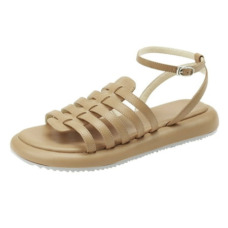 

SEMIMAY Fashion Summer Women Sandals Large Size Thick Bottom Espadrille Open Toe Pearl Flat Roman Style