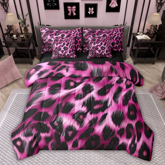 Feelyou Polkadot Leopard Print Twin Bedding Sets 7pcs, Fashion Black Pink Comforter Set