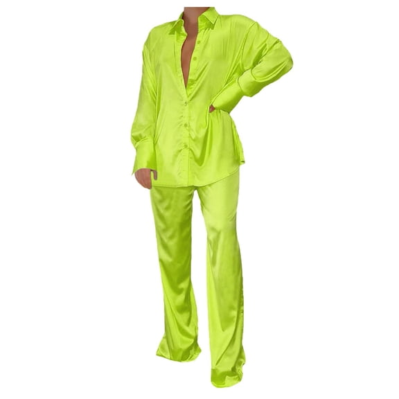 Green Silk Pajama Set for Women 2 Pieces Womens Valentines Pjs Set Long Sleeve Button Down Sleepwear Women Pajama Sets