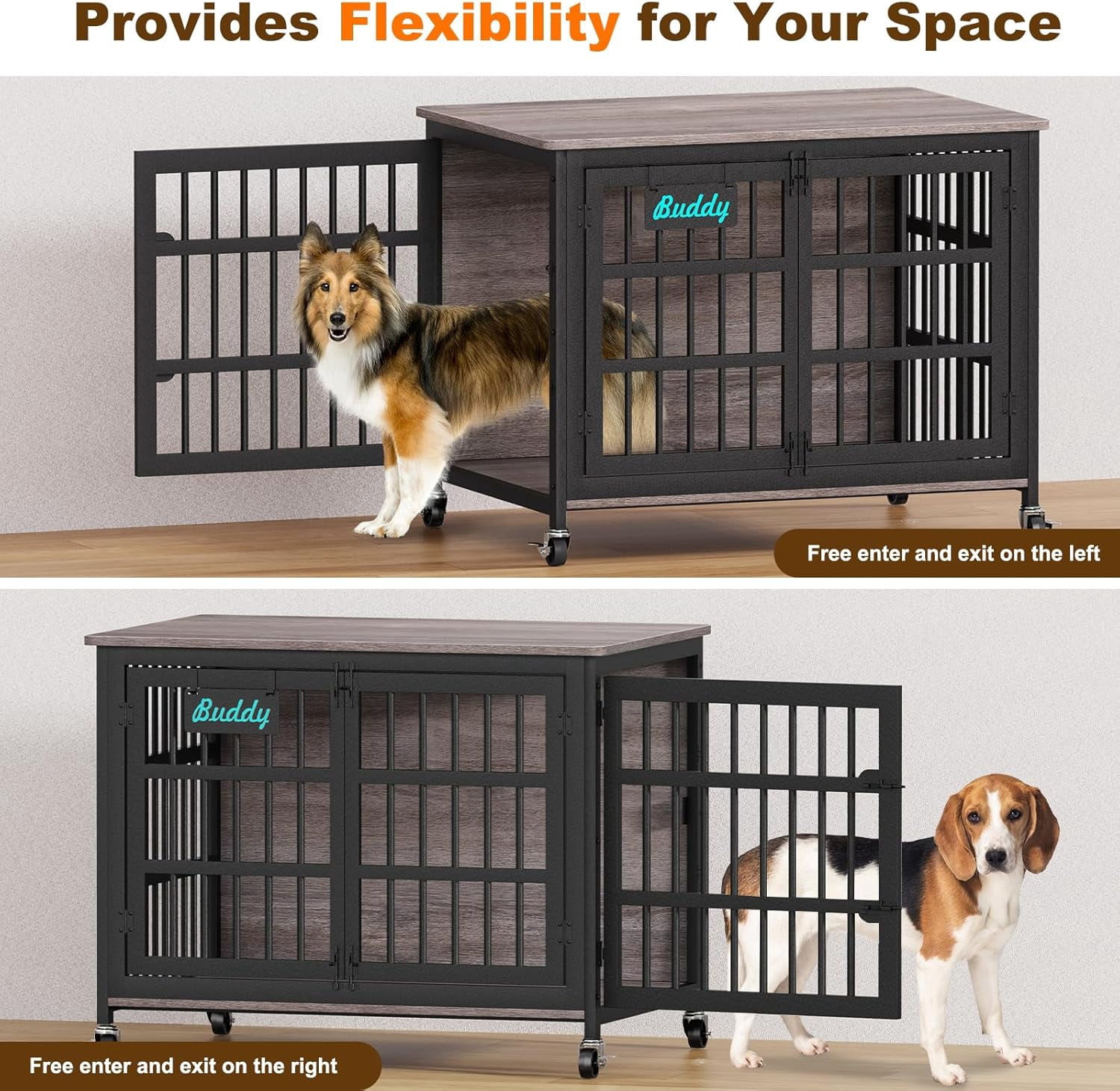 POAO 41"Dog Crate Furniture with Name Tag,Heavy Duty Dog Kennel Indoor for Medium Dogs,Double-Doors Sturdy Metal Dog Cage for Anxiety Dog,End Table