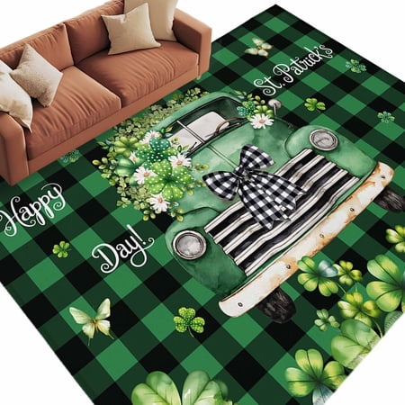 Area Rug 60&times;96in St. Patrick s Day Truck Shamrock Floor Carpet Living Room Rug Pastoral Style Green Plaid Non-Slip Welcome Mat Indoor Rugs for Bedroom Dining Room
