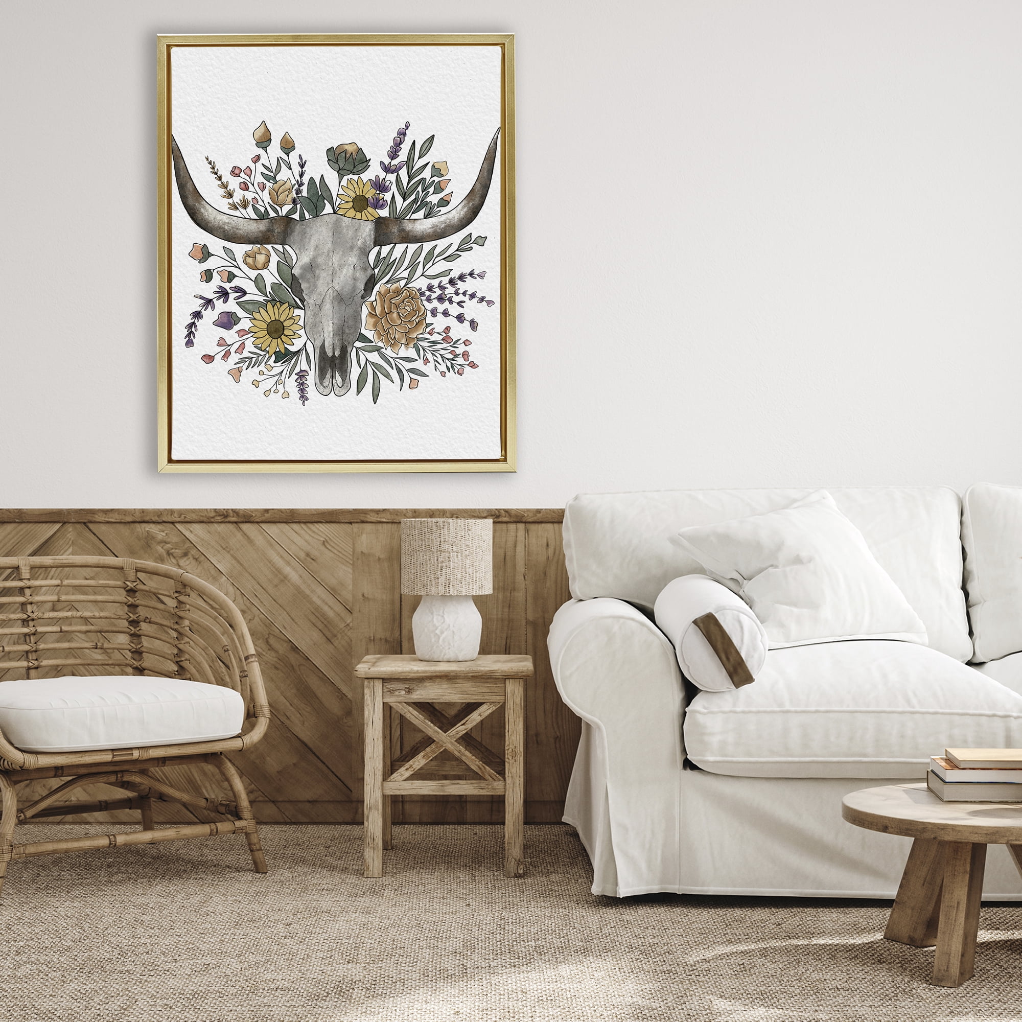 Stupell Industries Boho Wildflower Longhorn Gold Framed Floater Canvas Wall Art, design by Alisha Kiara Design