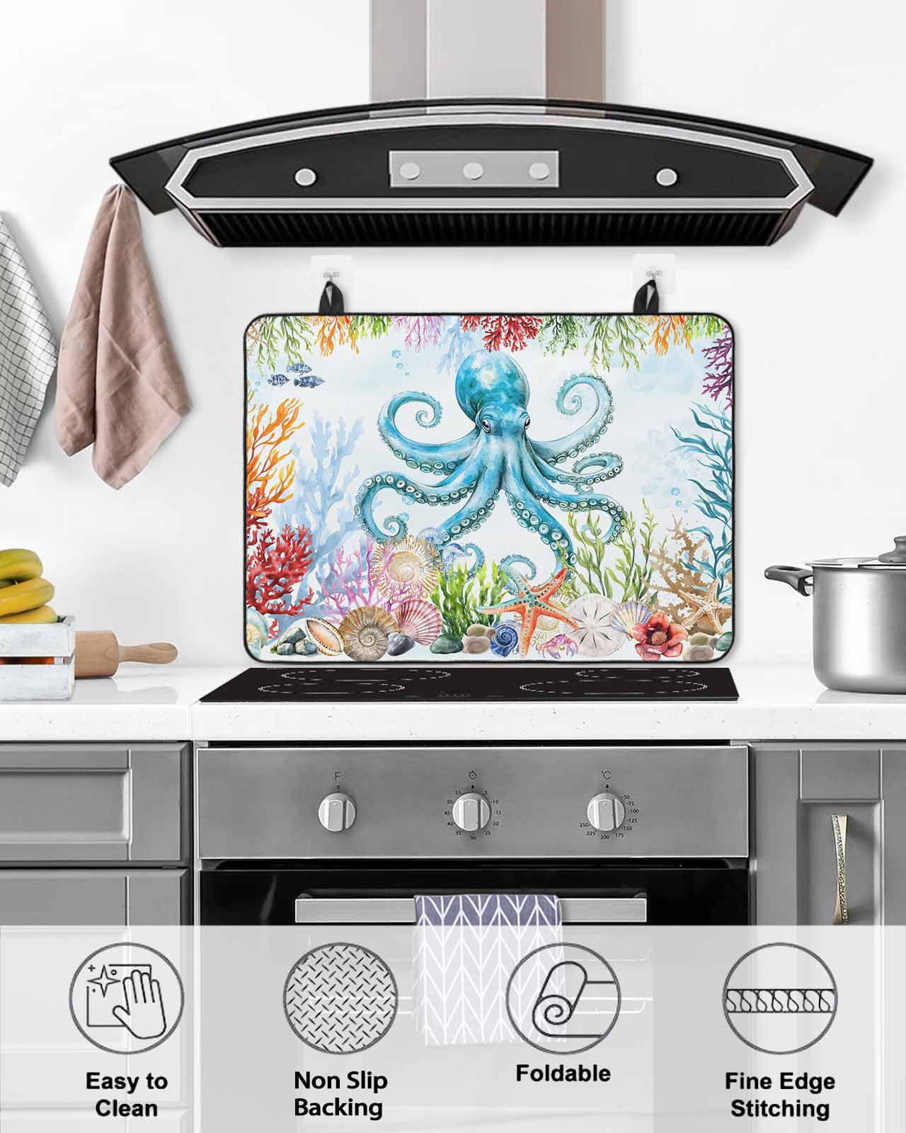 nqOlkjepod Large Induction Cooktop Protector Mat 24"x21", Octopus Coastal Stove Top Covers for Electric Stove, Blue Nautical Summer Beach Ocean Stove Burner Cover Mats, Glass Top Stove Cover