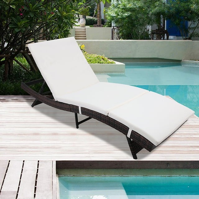 Patio Chaise Lounge, Folding Outdoor Rattan Lounge Chairs with Adjustable Back, Patio Rattan Furniture Chaise Lounge Chair with Cushion, Lounge Chair for Poolside Backyard Porch Lawn Garden, Q9843