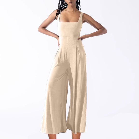 Womens Casual Jumpsuit Women's Summer Fall Casual Trendy Solid Color Sleeveless Loose Wide Leg Comfy Jumpsuit,Jumpsuits for Women Casual Pants for Women