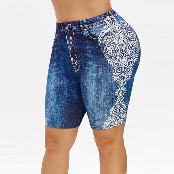 Munlar Blue Bermuda Shorts for Women Leggings Stretchy Pull On High Waisted Plus Size Tight Solid Shorts