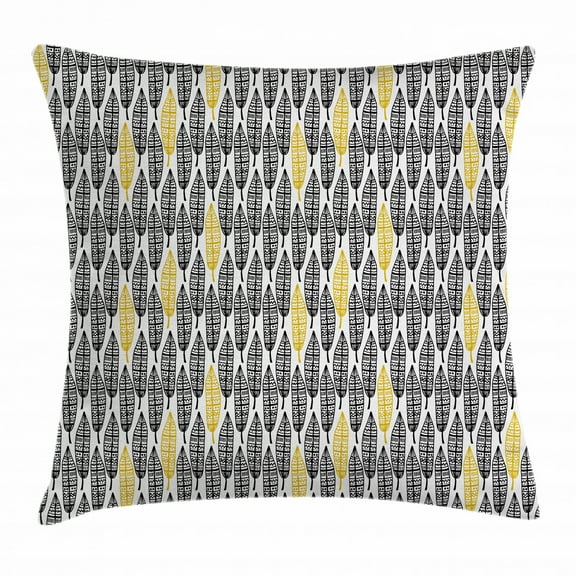Feather Throw Pillow Cushion Cover, Tribal Hand Drawn Repeating Pattern Ornate Feathers Ethnic Style Artistic, Decorative Square Accent Pillow Case, 24 X 24 Inches, Black White Mustard, by Ambesonne