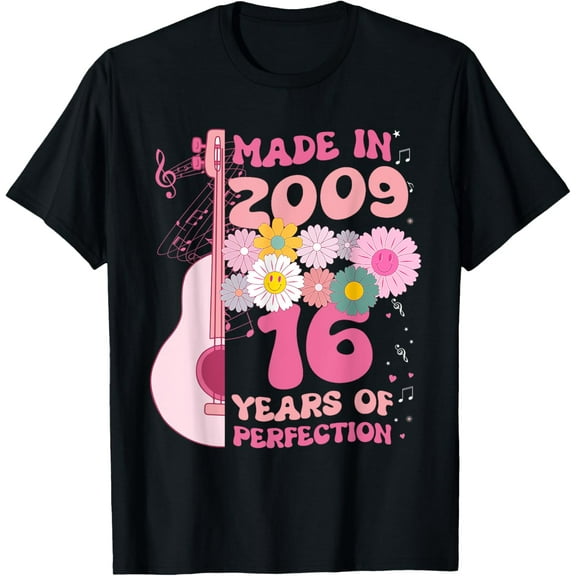 Exquisite and comfortable-16 Years Old Made In 2009 Floral Guitar 16th Birthday Music T-Shirt