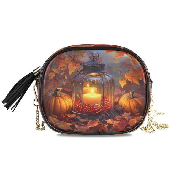 Womens Casual Chain Shoulder Bag Simple style Lantern with Candle and Pumpkins Crossbody Bag