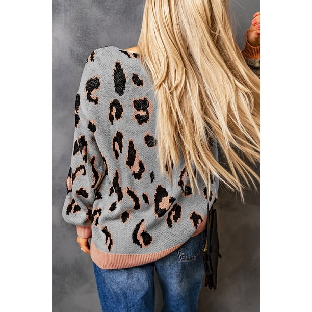 ABPHQTO Jersey de mujer gris con cuello de pico y manga farol con estampado de leopardo