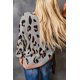 thumbnail image 1 of ABPHQTO Jersey de mujer gris con cuello de pico y manga farol con estampado de leopardo, 1 of 5