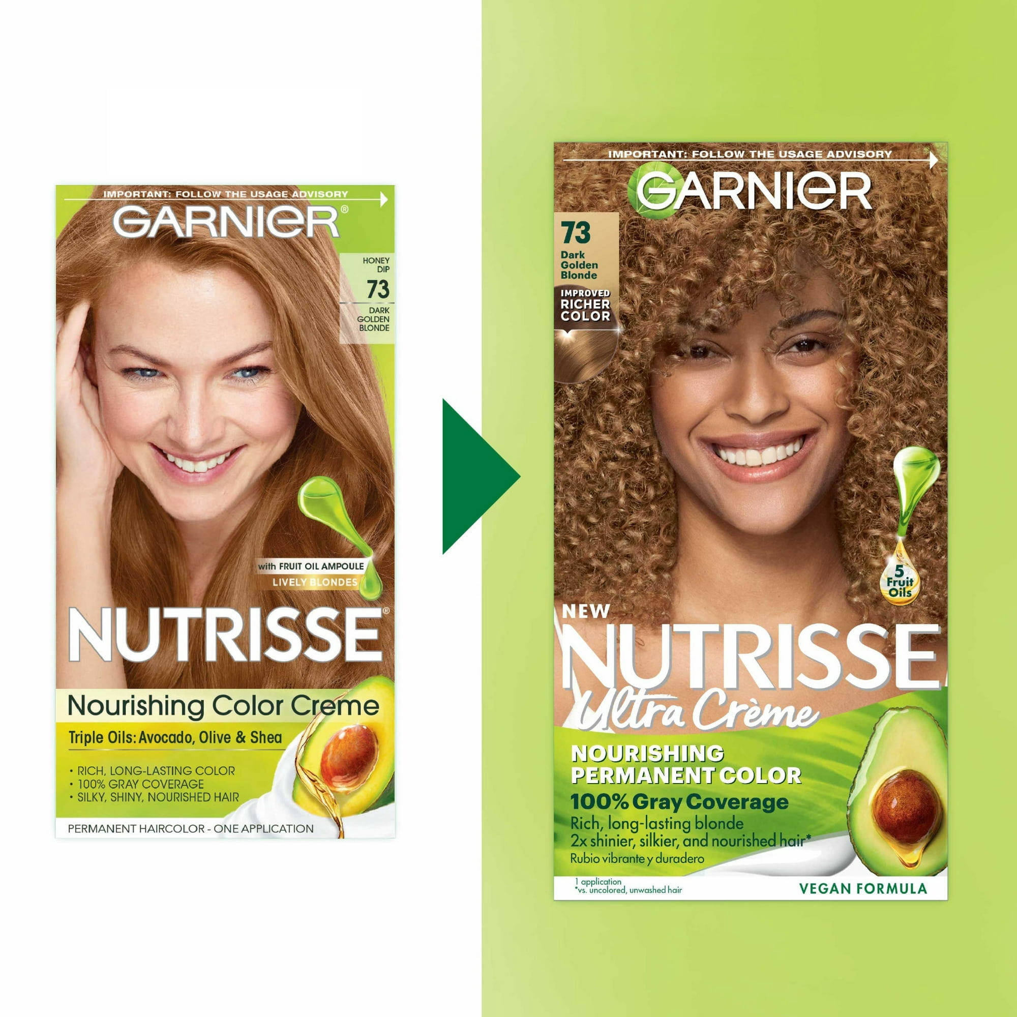 Garnier Hair Color Nutrisse Nourishing Creme, 73 Dark Golden Blonde (Honey Dip) Permanent Hair Dye, 2 Count (Packaging May Vary)