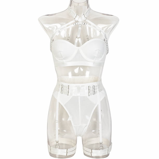 Conjunto de lencería sexy de 3 piezas con tirantes de hombro compuestos, hebilla y espalda descubierta