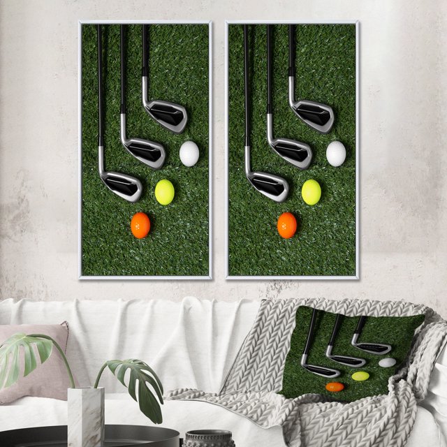 Designart "Excellent Golf Set Swing II" Golf Framed Wall Art Set Of 2 - Green Sports Framed Canvas Set For Living Room Decor